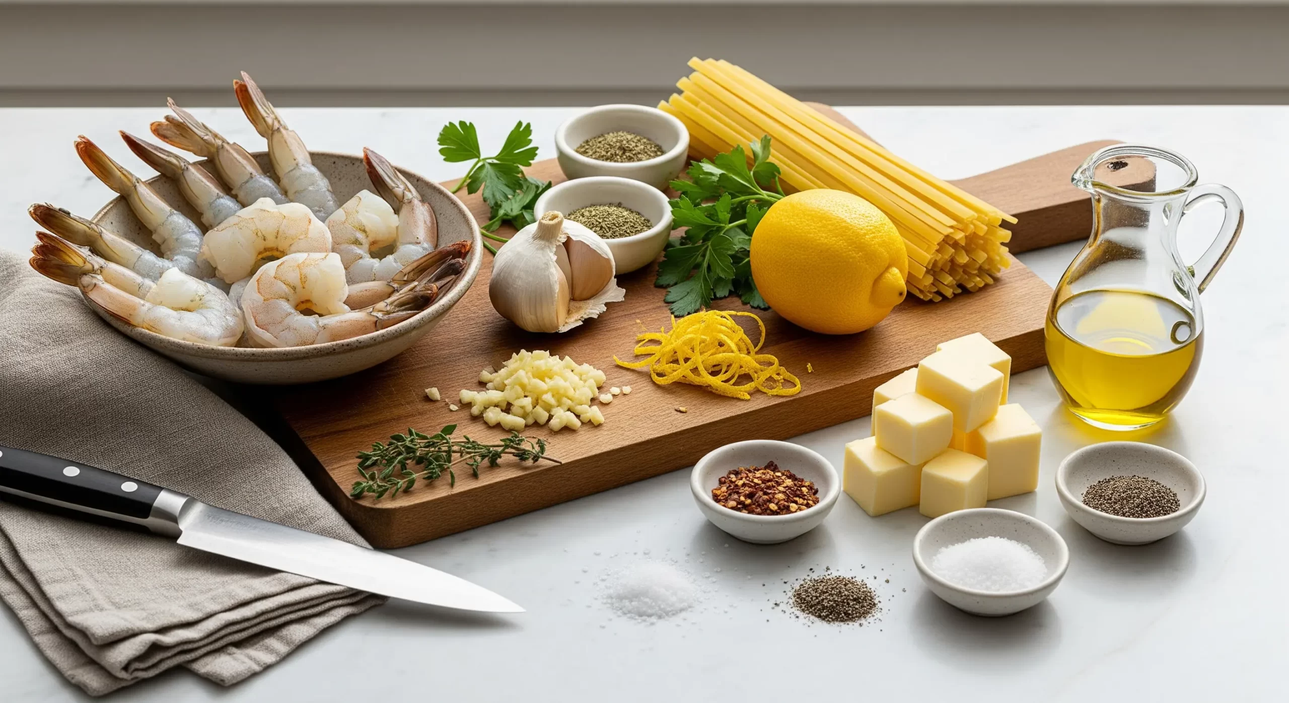 Ingredients for a seafood pasta dish